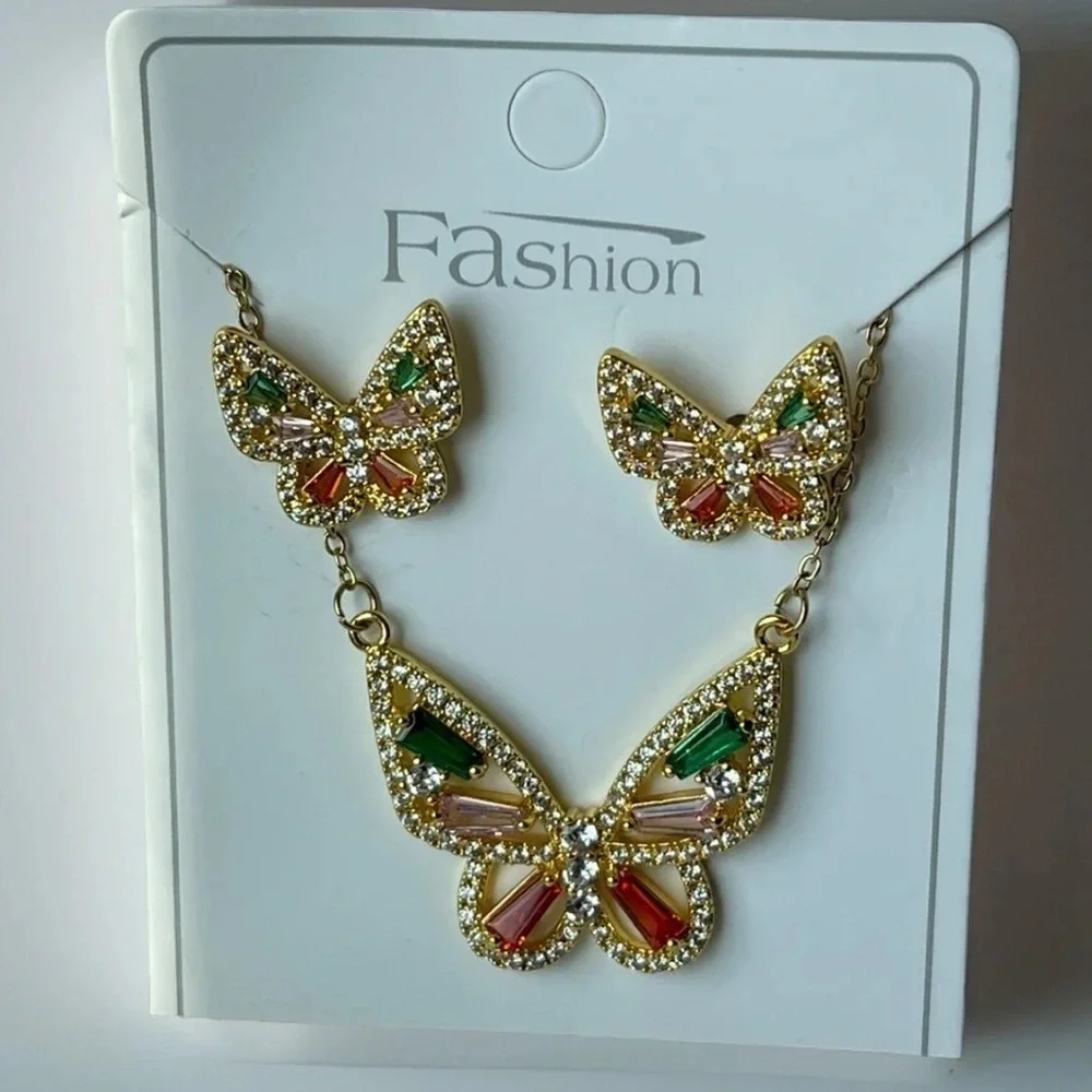 Stainless Steel Copper 18k Gold Plated Butterfly Zircon Earrings & Necklace Set
